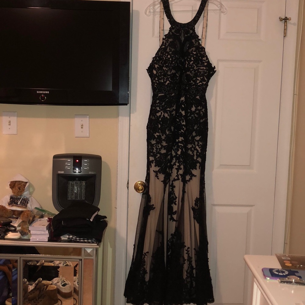Black high neck lace long prom dress